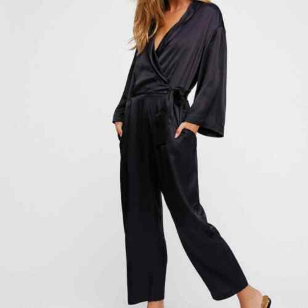 Free People Black Satin Wrap Jumpsuit